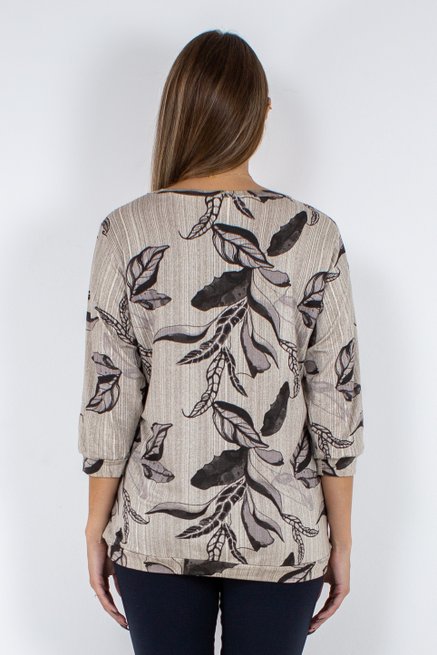 Blusa Marinheiro Manga ¾ em Malha Viscolycra Estampa Folhas