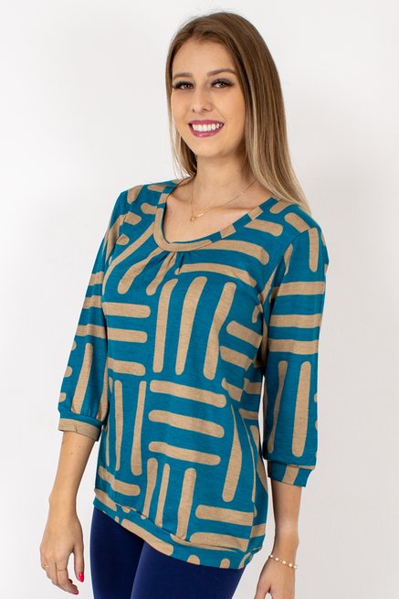 Blusa Marinheiro Manga ¾ em Malha Viscolycra Estampa Geométrica