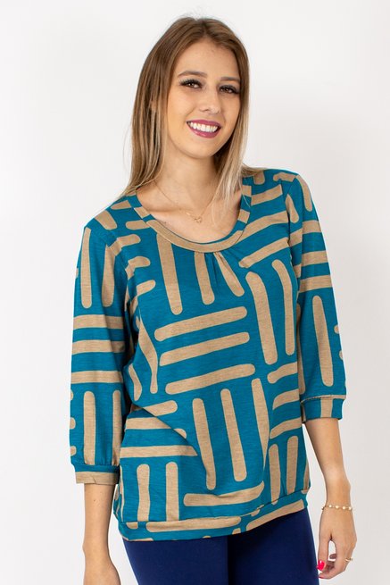 Blusa Marinheiro Manga ¾ em Malha Viscolycra Estampa Geométrica