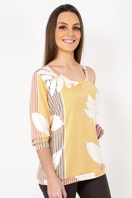 Blusa Marinheiro Manga ¾ em Malha Viscolycra Estampa Listra com Folhas