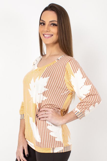 Blusa Marinheiro Manga ¾ em Malha Viscolycra Estampa Listra com Folhas