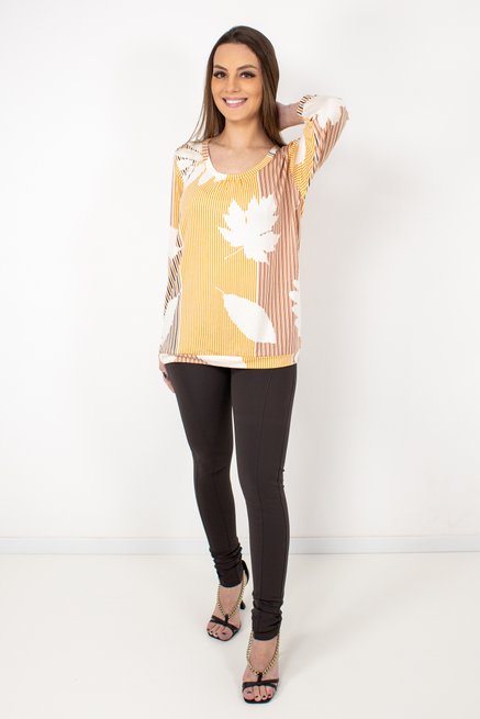Blusa Marinheiro Manga ¾ em Malha Viscolycra Estampa Listra com Folhas