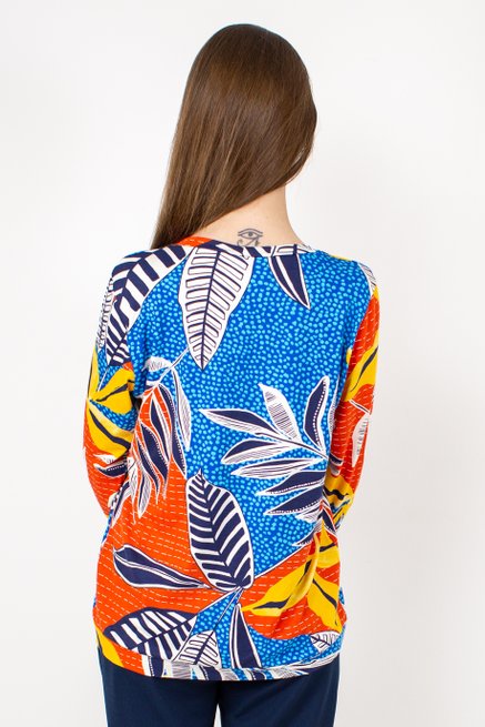 Blusa Marinheiro Manga ¾ em Malha Viscolycra Estampa Listra com Folhas Coloridas