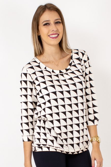 Blusa Marinheiro Manga ¾ Viscolycra Estampa Preto e Branco