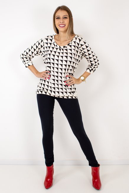 Blusa Marinheiro Manga ¾ Viscolycra Estampa Preto e Branco