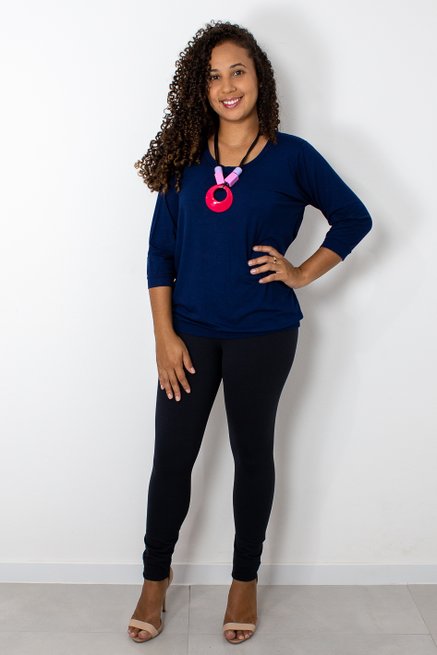 Blusa Marinheiro Manga ¾  Viscolycra Lisa Azul Marinho