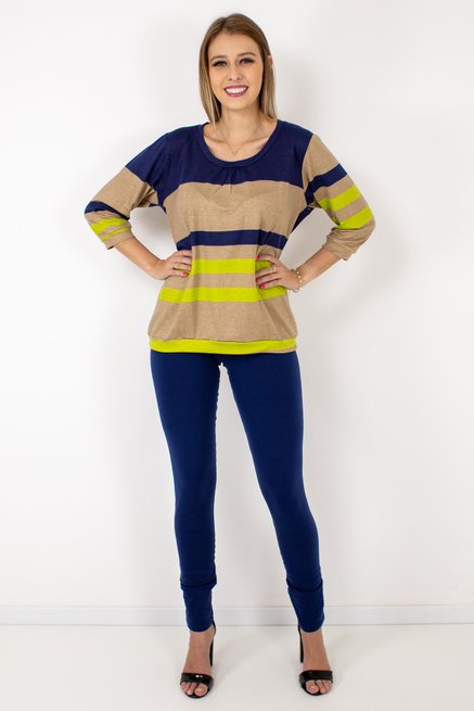 Blusa Marinheiro Manga ¾ Viscolycra Listrado Bege e Azul