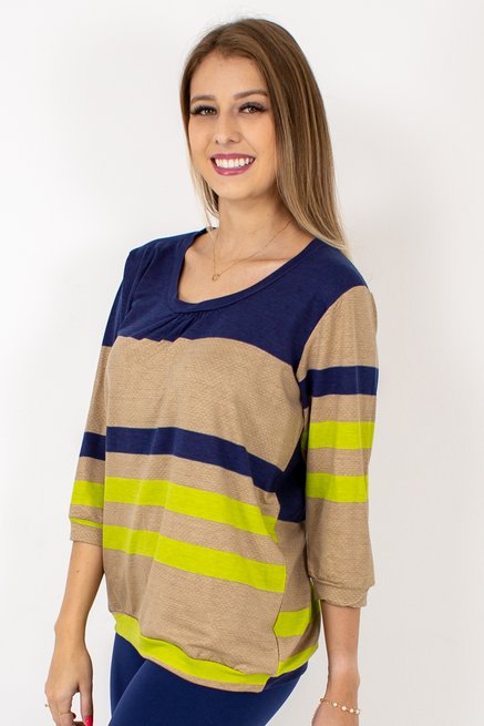 Blusa Marinheiro Manga ¾ Viscolycra Listrado Bege e Azul