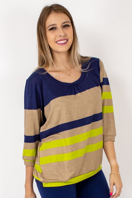 Blusa Marinheiro Manga ¾ Viscolycra Listrado Bege e Azul