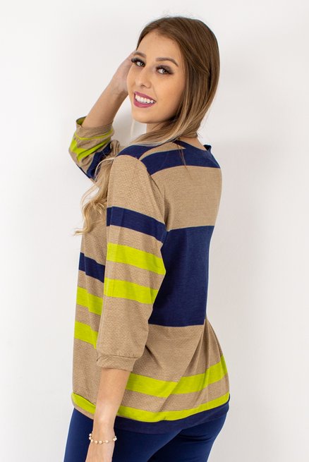 Blusa Marinheiro Manga ¾ Viscolycra Listrado Bege e Azul