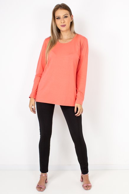 Blusa Meia Túnica Manga Longa Viscolycra Lisa Salmão