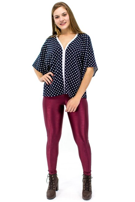 Blusa Oriental Manga 3/4 Estampa Poá Azul Marinho