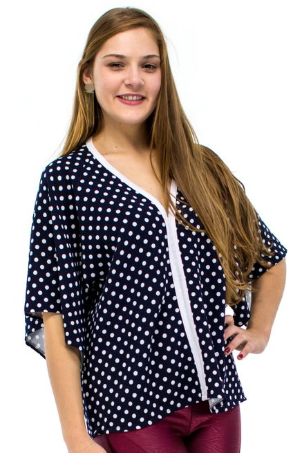 Blusa Oriental Manga 3/4 Estampa Poá Azul Marinho