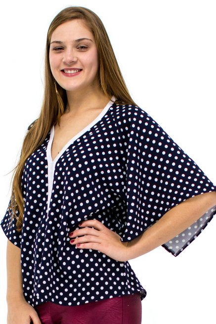 Blusa Oriental Manga 3/4 Estampa Poá Azul Marinho