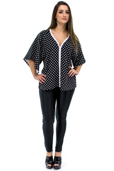 Blusa Oriental Manga 3/4 Estampa Poá Preta