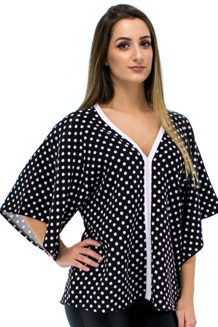 Blusa Oriental Manga 3/4 Estampa Poá Preta