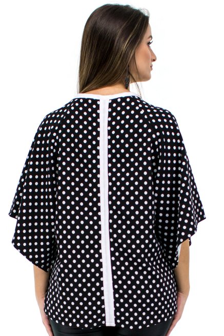 Blusa Oriental Manga 3/4 Estampa Poá Preta