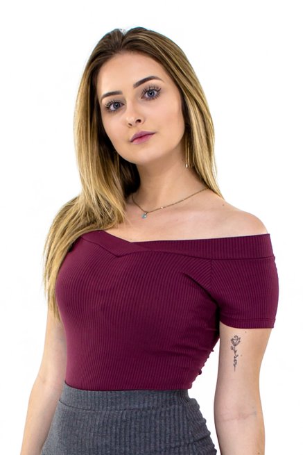 Body Canelado Manga Curta Liso Vinho