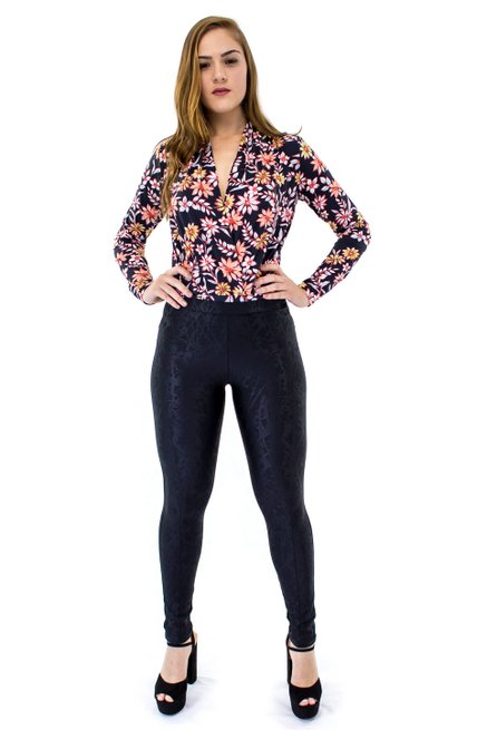 Body Manga Longa Estampa Floral Black