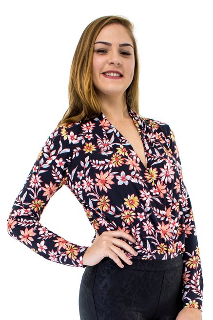 Body Manga Longa Estampa Floral Black