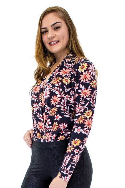 Body Manga Longa Estampa Floral Black