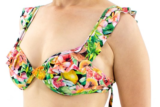 Bustiê Biquíni Bojo Babado Estampa Frutas Tropicais