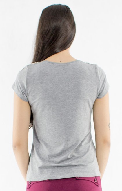 Blusa Manga Curta Básica Guipir Viscolycra Lisa Cinza Mescla