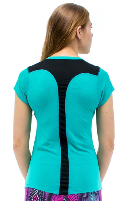 Baby Look Fitness Soninha Manga Curta DryFit Ultracool UVPro Lisa Verde Água e Preto