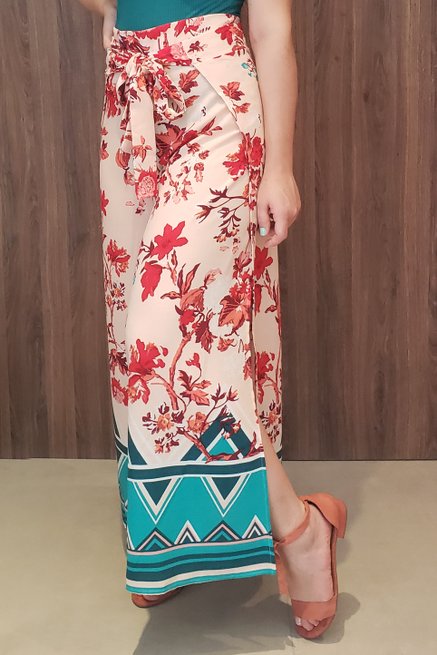 Calça Envelope Crepe Estampa Floral Salmão