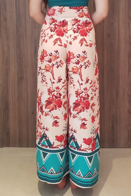 Calça Envelope Crepe Estampa Floral Salmão