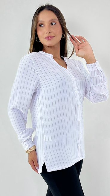 Camisa Feminina Listras Gola de Padre