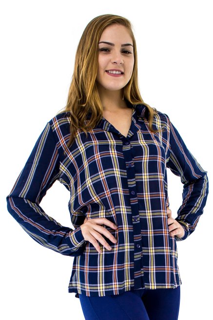 Camisa Manga Longa Estampa Xadrez Azul Marinho
