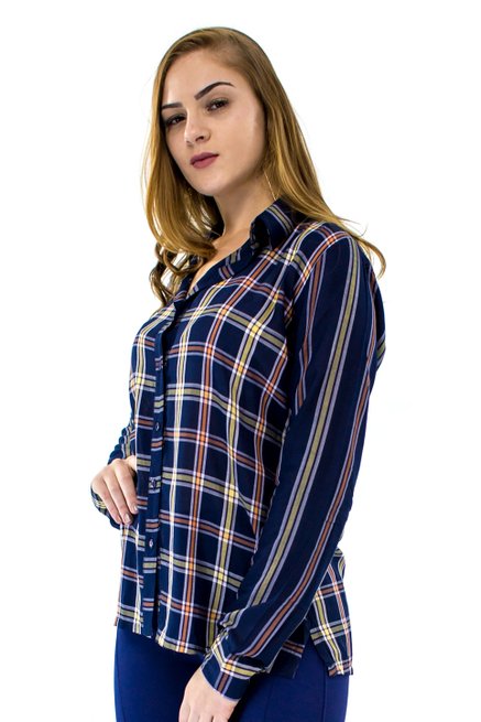 Camisa Manga Longa Estampa Xadrez Azul Marinho