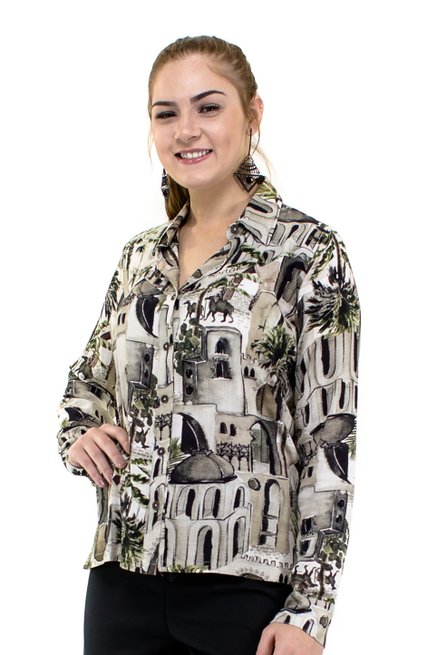 Camisa Manga Longa Laura Estampa Abstrata Cinza