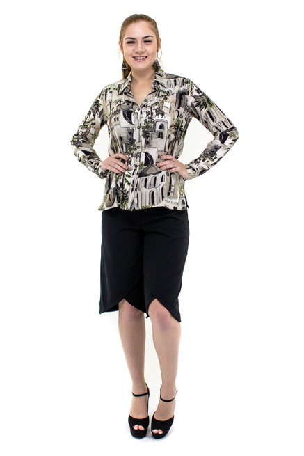 Camisa Manga Longa Laura Estampa Abstrata Cinza