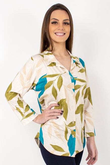Camisete Dora Manga 7/8 Estampa Folhas