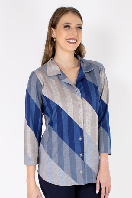 Camisete Dora Manga 7/8 Estampa Listras Azul e Cinza