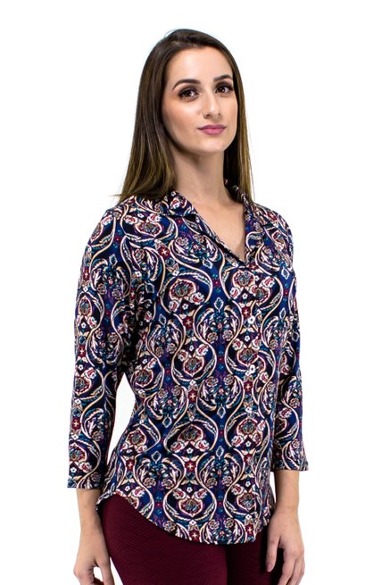 Camisete Manga 7/8 Dora Estampa Floral Azul