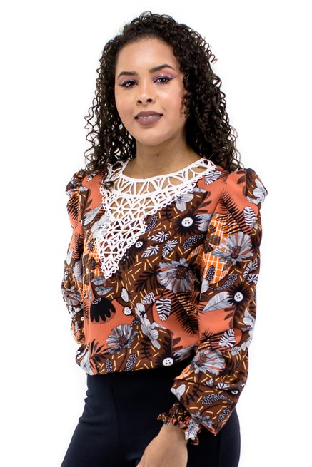 Camisete Manga Longa Bufante Estampa Floral Laranja
