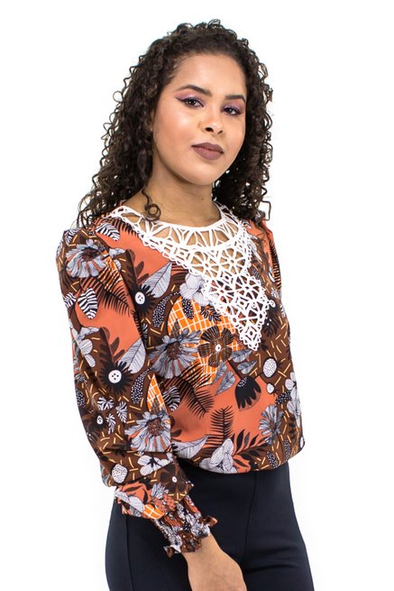 Camisete Manga Longa Bufante Estampa Floral Laranja