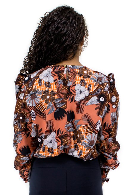 Camisete Manga Longa Bufante Estampa Floral Laranja