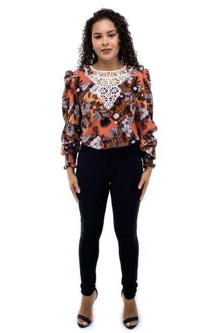 Camisete Manga Longa Bufante Estampa Floral Laranja