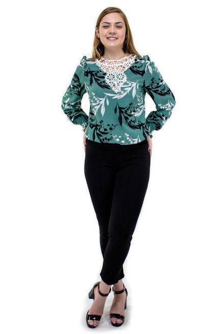 Camisete Manga Longa Bufante Estampa Floral Verde