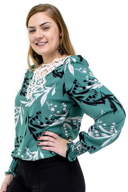 Camisete Manga Longa Bufante Estampa Floral Verde