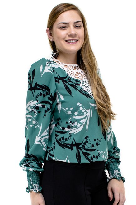 Camisete Manga Longa Bufante Estampa Floral Verde