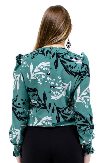 Camisete Manga Longa Bufante Estampa Floral Verde
