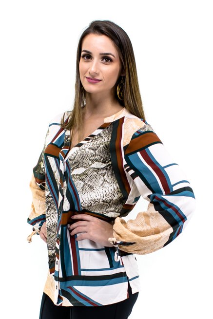 Camisete Manga Longa Gola Padre Estampa Geométrica Nude
