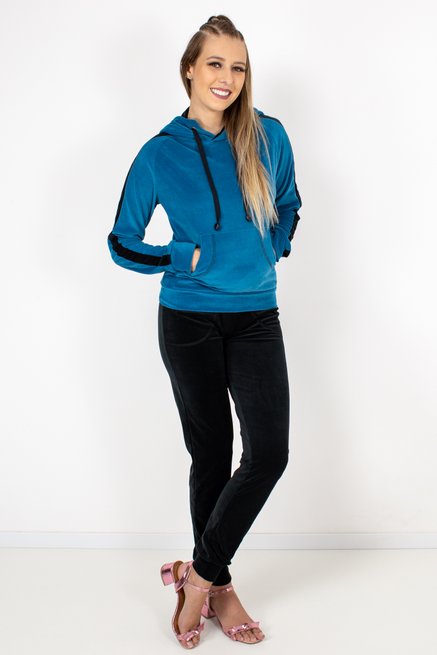 Conjunto Feminino Canguru Plush Liso Azul e Preto