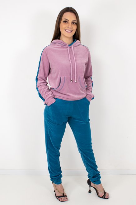 Conjunto Feminino Canguru Plush Liso Azul e Rosa Claro