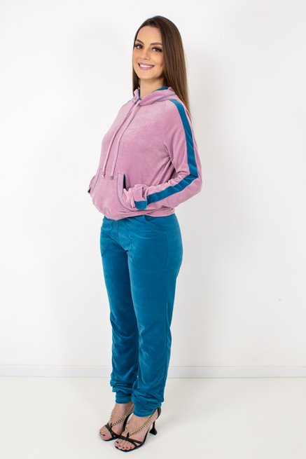 Conjunto Feminino Canguru Plush Liso Azul e Rosa Claro